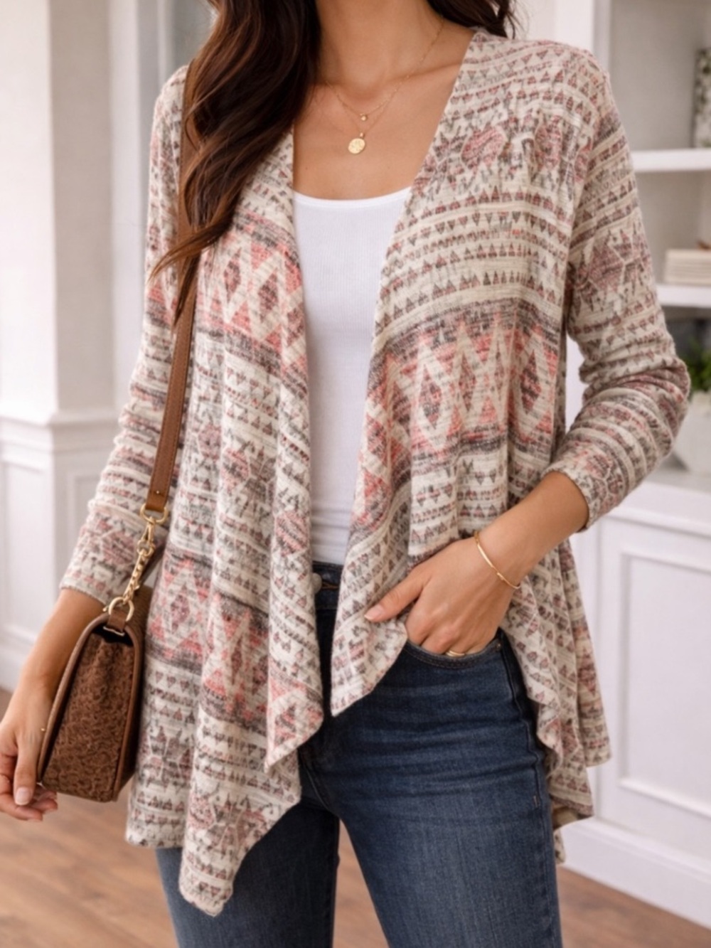American Eagle Southwestern Open Front Waterfall Cardigan Sweater XS NWT